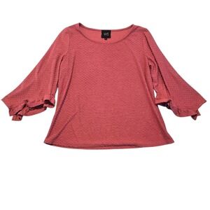 W5 Swiss Dot Bell Sleeve Blouse Womens Large Rose Pink Ruffle Knit Top